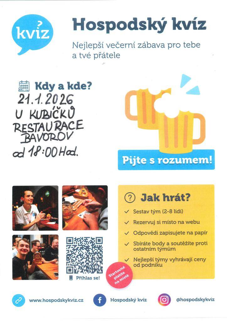 Restaurace U Kubíčků v Bavorově vás zve na Hospodský kvíz, který se uskuteční 21.ledna 2026 od 18:00 hodin.