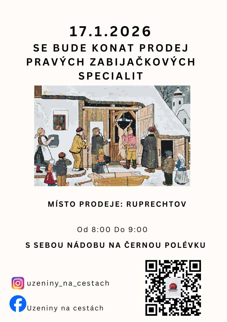 V sobotu 17. ledna 2026 proběhne v Ruprechtově prodej pravých zabijačkových specialit.