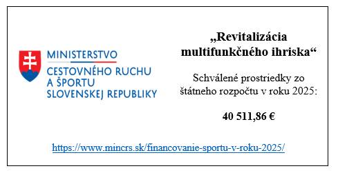 Ministerstvo cestovného ruchu a športu Slovenskej republiky - Schválené prostriedky zo štátneho rozpočtu v roku 2025:   40 511,86 € na projekt „Revitalizácia multifunkčného ihriska“.Spolúčasť obce v sume 6814,63 €.
