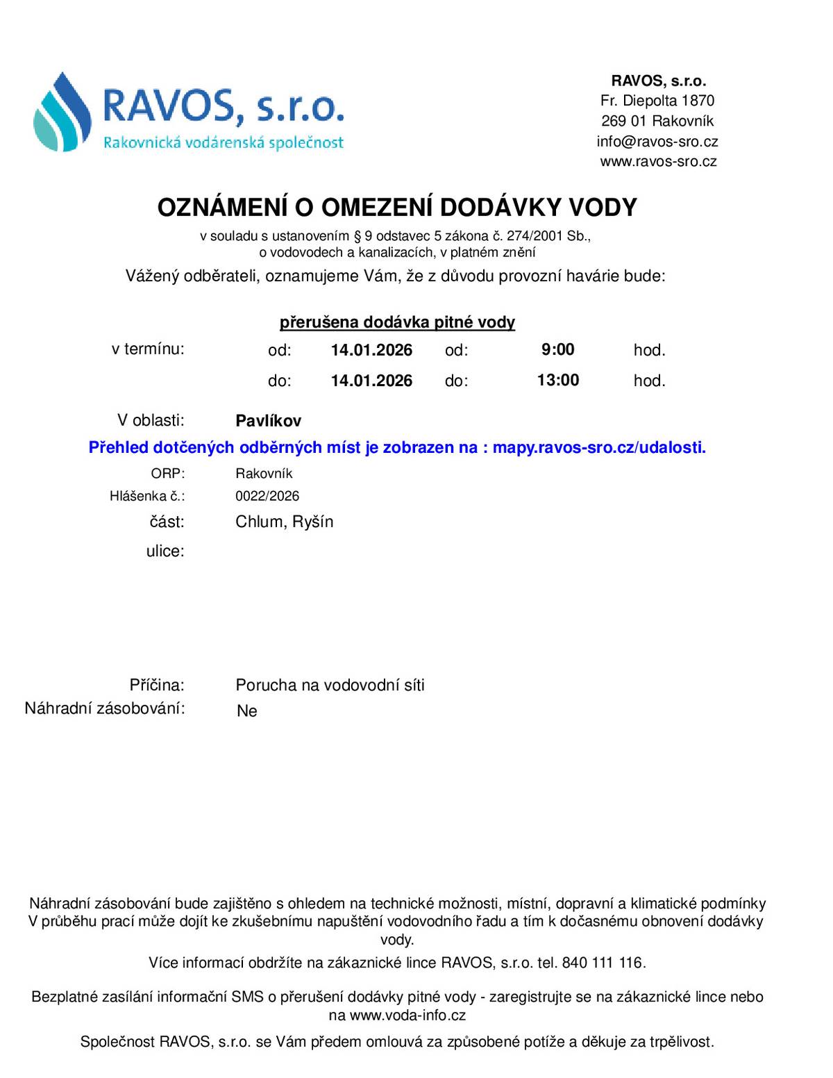 Oznámení o omezení dodávky vody pro Chlum a Ryšín 14.1.2026 od 9:00 do 13:00 hod. z důvodu poruchy na vodovodní síti.