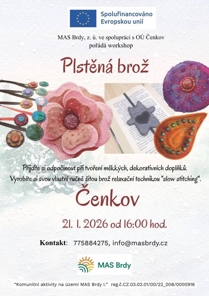 Přijďte se podívat na naši výtvarnou dílnu zaměřenou na výrobu plstěných broží. Akce se koná v příjemném prostředí a je určena pro všechny, kdo chtějí rozvíjet své kreativní dovednosti. Těšíme se na vaši účast!