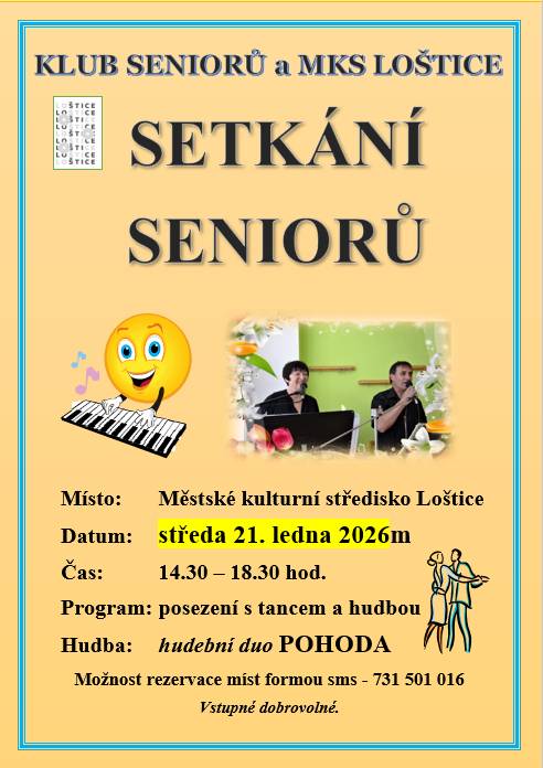 Klub seniorů v Lošticích a Městské kulturní středisko v Lošticích srdečně zve na další společenské odpoledne seniorů, které se bude konat ve středu dne 21.ledna 2026 od 14,30 hod.