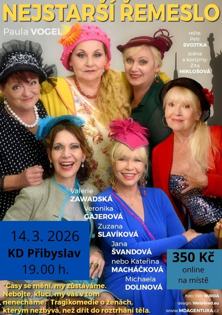 KZMP vás zve na tragikomedii Nejstarší řemeslo v sobotu 14. března 2026 od 19 hodin v Kulturním domě v Přibyslavi.