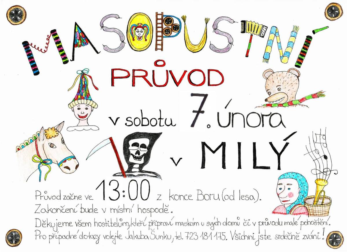v sobotu 7.2. 2026 od 13h. jste všichni zváni na masopustní průvod. bližší info na plakátu