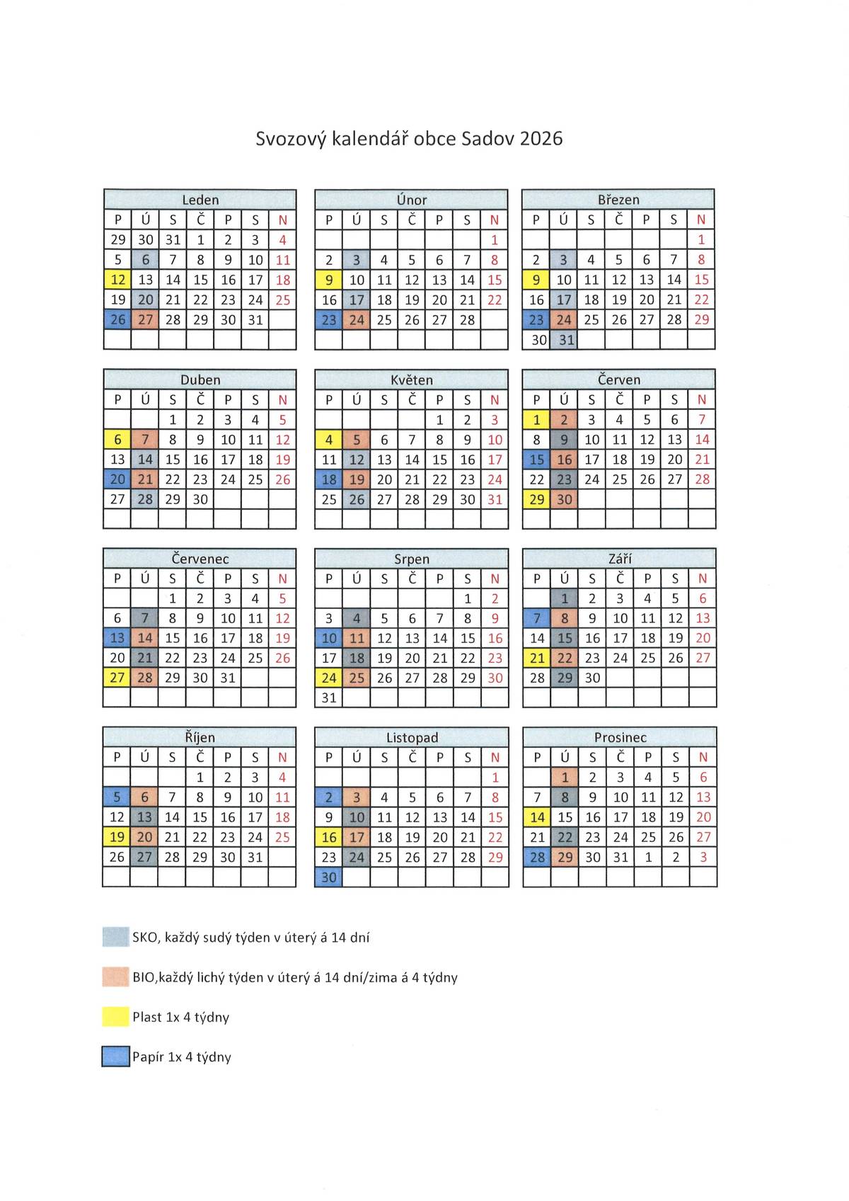 Vážení občané. Svoz odpadů v roce 2026 bude v těchto termínech:  SKO 1x14 – úterý sudé, Stráň – pátek lichý BIO D2D léto 1x14 – úterý liché BIO D2D zima 1x28 – úterý liché - první svoz 27.1.2026 a pak každé další 4 týdny do konce března Papír D2D 1x28 – pondělí - první svoz 26.1.2026 a pak každé další 4 týdny Plast D2D 1x28 – pondělí - první svoz 12.1.2026 a pak každé další 4 týdny  Změny od 1.1.2026 - tříděný odpad: Ruší se sběrná místa pro tříděný odpad, na kterých byly umístěny 1100 l platové nádoby. Pro rok 2026 zatím zůstavají místa na tříděný odpad, na kterých jsou umístěny iglů: •            Bor u č.p. 68 •            Lesov u hřiště TJ Sokol Sadov •            Lesov odbočka do lokality pod hasičárnou •            Lesov u č.p. 104 •            Sadov u zahrádek •            Sadov na Rejdě u č.p. 122 •            Podlesí u železniční zastávky Občané, kteří ještě nejsou zapojeni do systému D2D - třiď z domova, mohou dostat k rodinnému domu nádobu na plast, papír a případně bioodpad. V případě zájmu je potřeba na OÚ Sadov podepsat smlouvu o výpůjčce a následně budou nádoby přistaveny k rodinnému domu. Za tuto službu se neplatí nic navíc, služba je v rámci poplatku za komunální odpad.