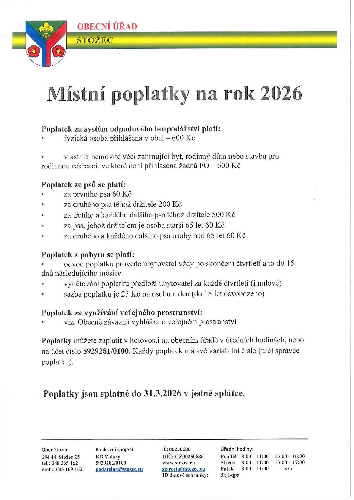 Místní poplatky na rok 2026