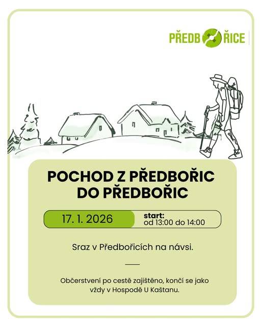 Tradiční pochod z Předbořic do Předbořic se uskuteční v sobotu 17. ledna 2025 od 13 hodin. Po cestě se můžete opět těšit na pohoštění.