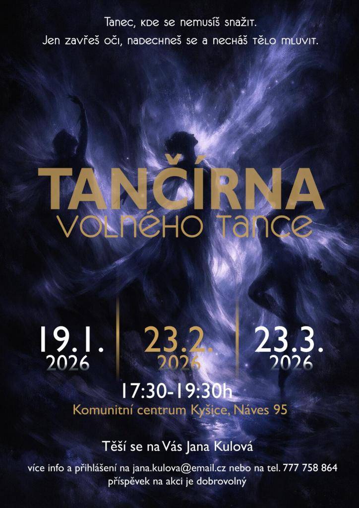 Přijďte si zatančit a nechat se unést hudbou na taneční večer s Janou Kulovou. Akce se uskuteční 19. 1.2026, 23.2.2026 a 23.3.2026 od 17:30h do 19:30h v Komunitním centru Kyšice.