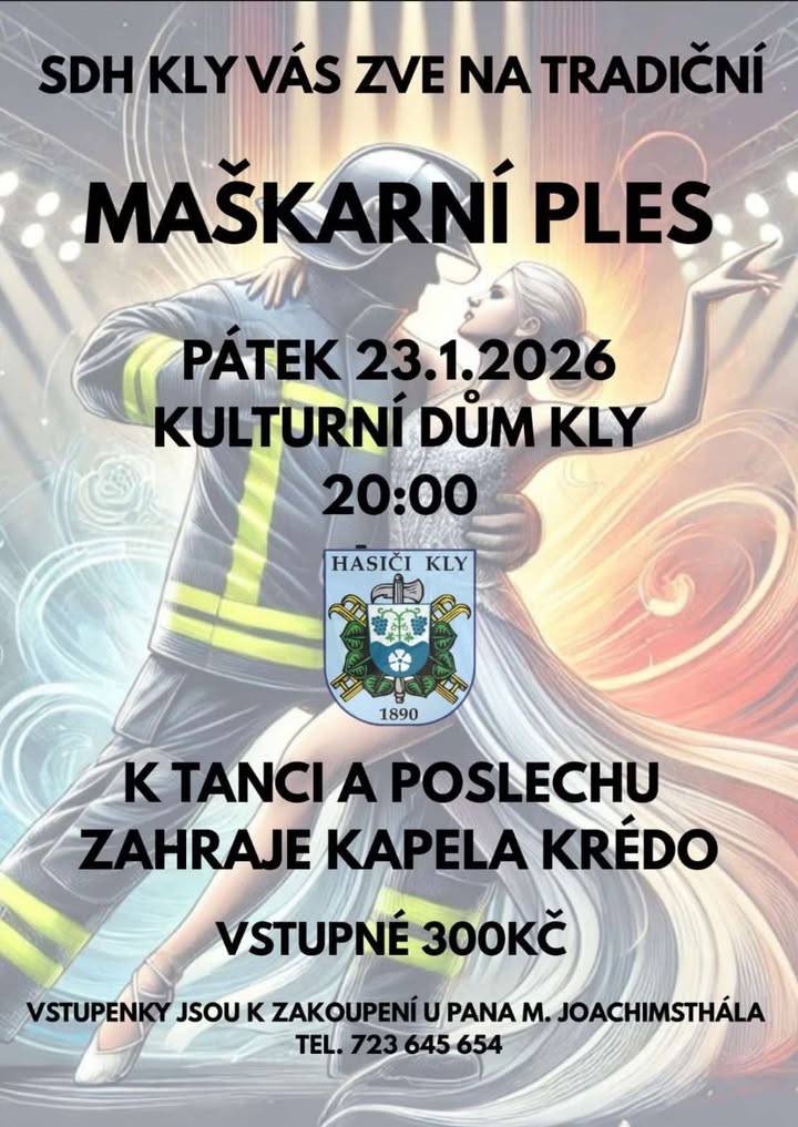SDH Kly Vás srdečně zve na tradiční maškarní ples ????  Přijďte si užít večer plný tance, hudby a i skvělé atmosféry ☺️  Prodej vstupenek je v plném proudu ????  Těšíme se na Vás ????  SDH Kly ????