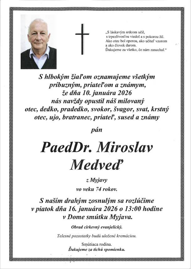 Smútočné oznámenie - PaedDr. Miroslav Medveď