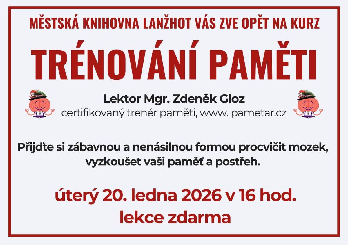 V okolních obcích si trénování paměti našlo mnoho spokojených příznivců a budeme rádi, když se k nim přidáte i vy. Věříme, že Vám nově nastavený čas bude více vyhovovat. Přijďte se nezávazně podívat a vše si vyzkoušet. Čeká vás příjemné setkání, hravé procvičování paměti, klidná atmosféra. ZDARMA