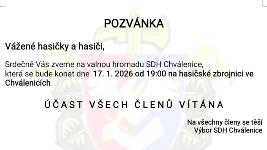 SDH Chválenice zve své členy a příznivce na valnou hromadu sboru, která se uskuteční 17. 1. 2026 od 19:00hod. na hasičské zbrojnici ve Chválenicích.