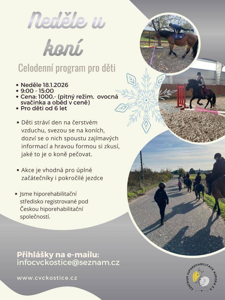 Program se koná v neděli 18. ledna 2026 od 9:00 do 15:00 a je určen pro děti od 6 let. Děti se mohou těšit na den plný aktivit na čerstvém vzduchu, kde se svezou na koních a získají zajímavé informace o těchto zvířatech. Akce je vhodná jak pro úplné začátečníky, tak pro pokročilé jezdce. V ceně 1000