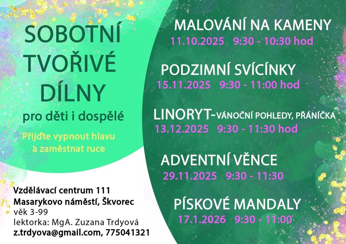 Vzdělávacím centrum 111 vás zve na sobotní tvořivou dílnu, kde si můžete tentokrát zkusit vyrobit pískovou mandalu. Akce je určena pro všechny zájemce ve věku od 3 do 99 let. Dílna se koná 17. ledna od 9:00-11:00.     Ve vzdělávacím centru 111 se na podzim konalo již několik tvořivých dílen, které vede zkušená lektorka MgA. Zuzana Trdyová. Pískové mandaly jsou poslední ze série těcto dílen a první v novém roce. Přijďte si vylepšit svůj domov krásnými handmade výrobky a užít si příjemné chvíle při tvoření. Akce je určena pro všechny od 3 do 99 let, takže si můžete užít tvoření s rodinou i přáteli! Rezervace míst je nutná a je možné ji provést na uvedené kontakty: E-mail:  z.trdyová@gmail.com Tel. 775041321