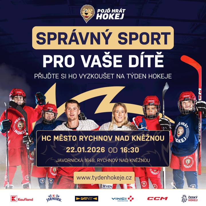 Pozvání na akci Týden hokeje, která se uskuteční ve čtvrtek 22.1.2026 od 16:30 na zimním stadionu v Rychnově nad Kněžnou. Týden hokeje je série sportovních akcí pro děti ve věku 4 – 8 let a jejich rodiče, kterým se naskytne unikátní příležitost seznámit se s hokejovým prostředím.