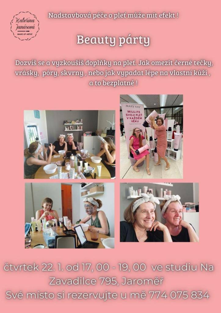 Přijďte na bezplatnou Beauty party, kde se dozvíte, jak správně pečovat o pleť a vyzkoušíte si různé kosmetické doplňky. Akce se koná ve středu, 22. ledna 2025. Rezervujte si své místo na telefonním čísle 740 758 34.