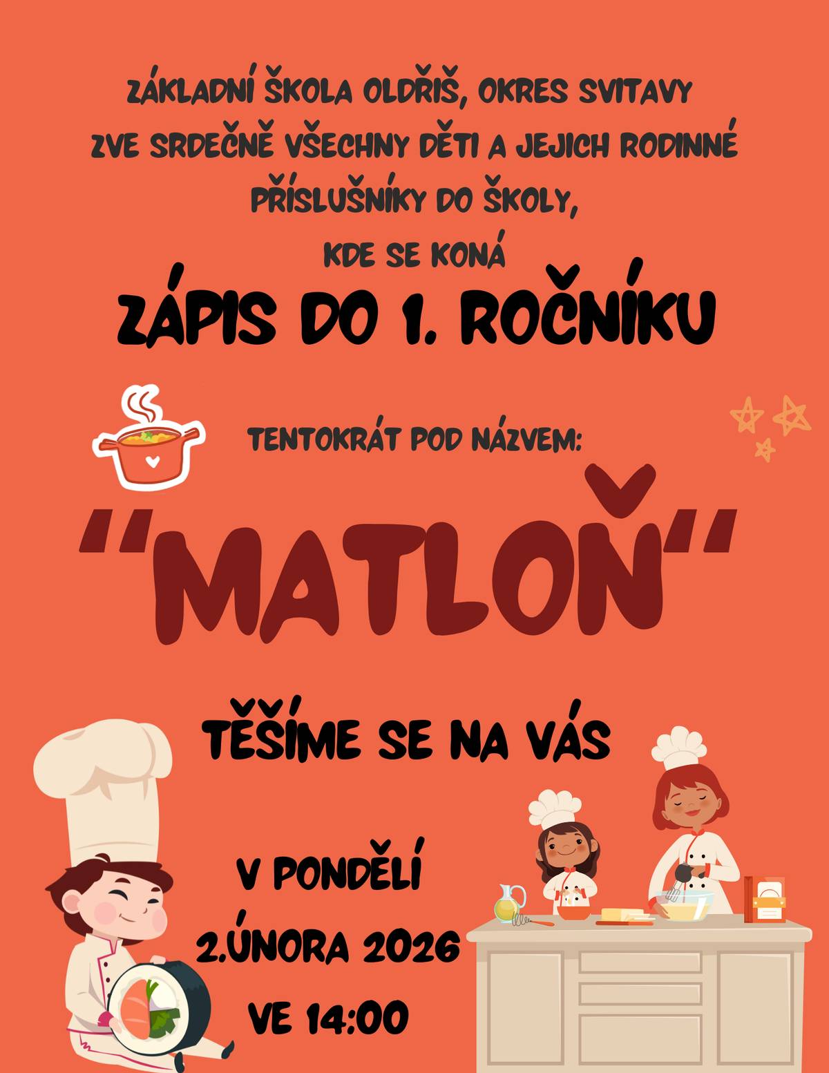 ZŠ Oldřiš zve nové žáčky a jejich rodiče k zápisu do první třídy.