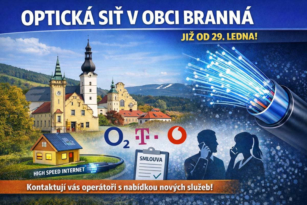 Vážení občané, dovolujeme si vás informovat, že nově vybudovaná optická síť v obci Branná bude uváděna do provozu od 29. 1. V průběhu následujícího týdne budete postupně oslovováni jednotlivými operátory (např. O2, T-Mobile, Vodafone a další) s nabídkou uzavření nových smluv na poskytování internetových a souvisejících telekomunikačních služeb. Výběr poskytovatele je zcela na vás. Doporučujeme věnovat pozornost konkrétním podmínkám nabídek jednotlivých operátorů.