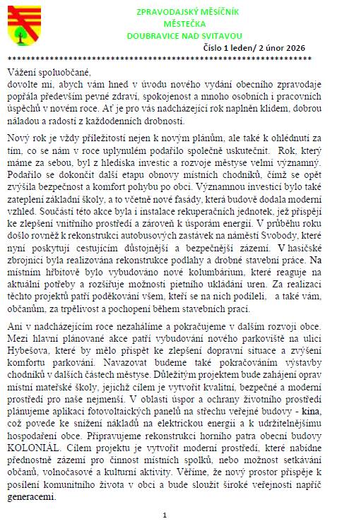🔴 🗞ZPRAVODAJ 01-02/2026📰🟡 Chytrý zpravodaj - Doubravice nad Svitavou 01-02/2026