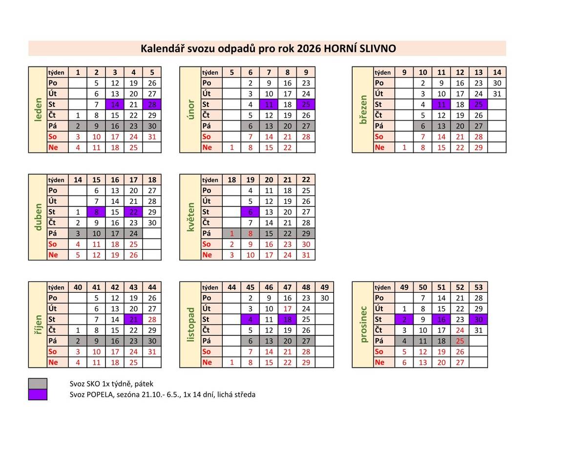 Kalendář svozu popela 2026, 1x14 dní, lichá středa