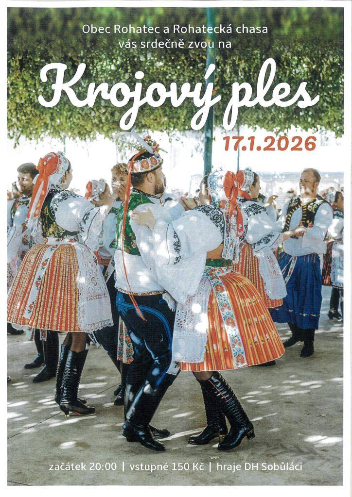 Srdečně vás zveme na Krojový ples, který se uskuteční 17. ledna od 20:00 hodin v Kulturním domě Rohatec. K tanci a poslechu zahraje DH Sobůláci. Přijďte si užít příjemný večer plný zábavy a tradiční atmosféry.