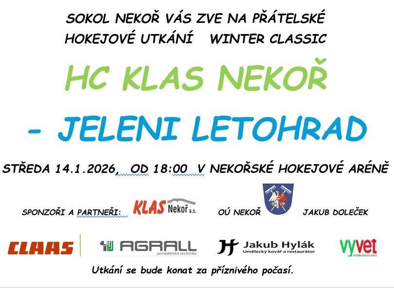HC Klas Nekoř x Jeleni Letohrad středa 14.1.2026 od 18 hodin zimní stadion Nekoř  občertsvení  symbolické vstupné  dospělí 20 Kč