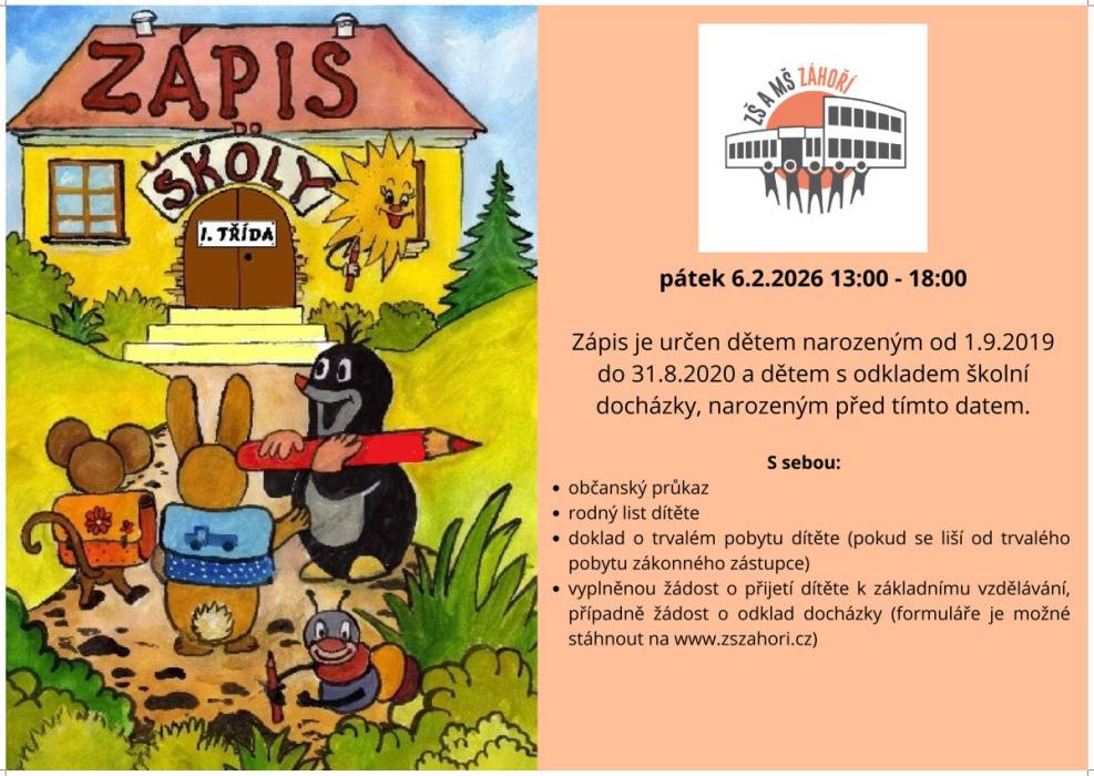 Zápis do základní školy proběhne v pátek 6. února 2026 od 13:00 do 18:00. Je určen pro děti narozené od 1. září 2019 do 31. srpna 2020 a pro děti s odkladem školní docházky, narozené před tímto datem.