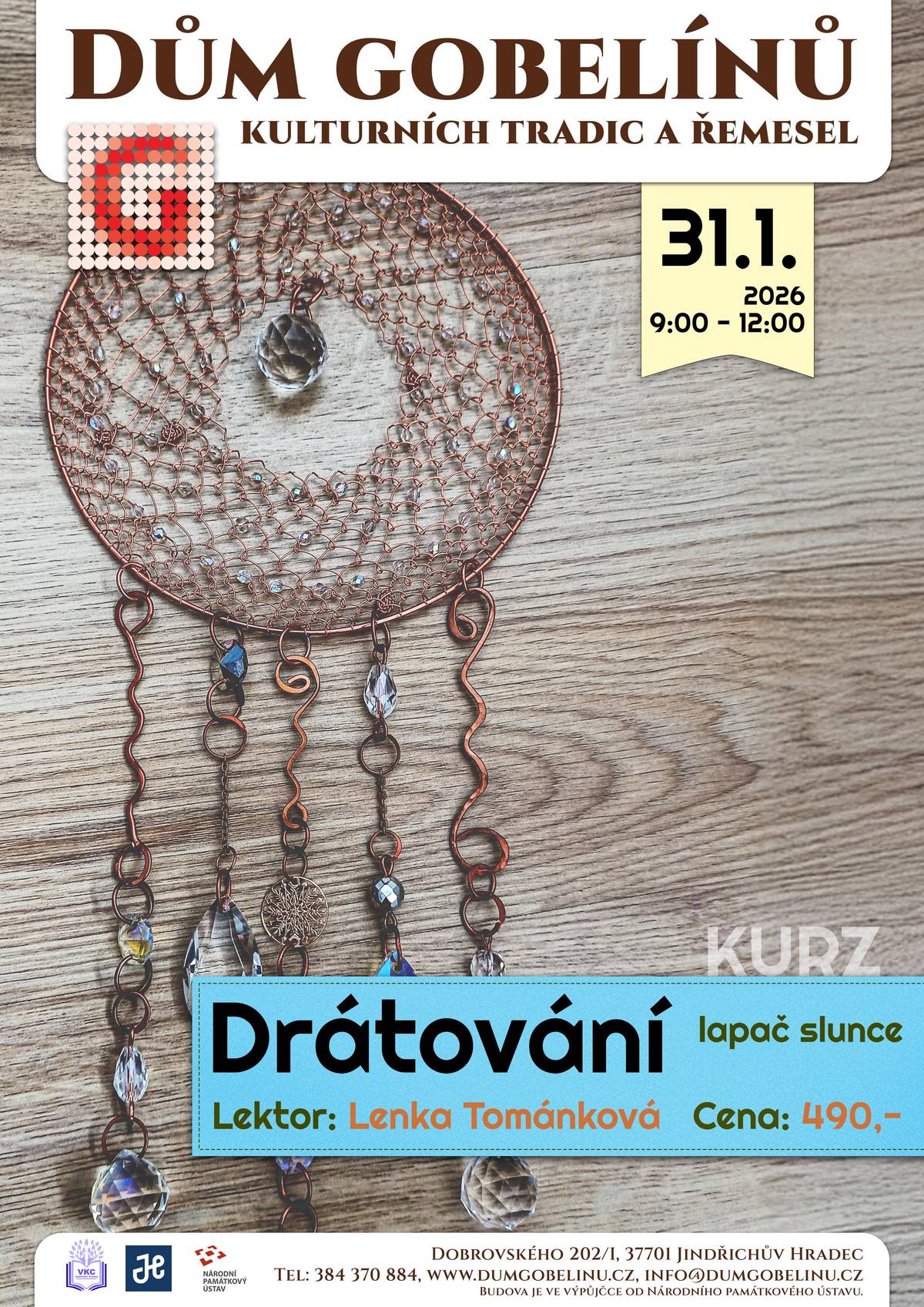 V sobotu 31. ledna od 9:00 – 12:00 vás zveme do Domu gobelínů v Jindřichově Hradci na tvořivý kurz drátování, který poveden zkušená lektorka Lenka Tománková. Drátování je stará slovanská technika, která se z původně praktického řemesla proměnila v krásnou dekorativní tvorbu.