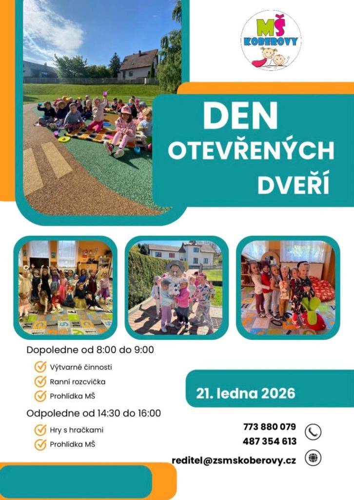 Mateřská škola v Koberovech zve všechny zájemce na prohlídku, která se koná 21. ledna 2026. Program zahrnuje dopolední výtvarné činnosti a ranní rozcvičku, které proběhnou od 8:00 do 9:00. Odpoledne si děti mohou užít hry s hračkami a další prohlídku školy od 14:30 do 16:00.