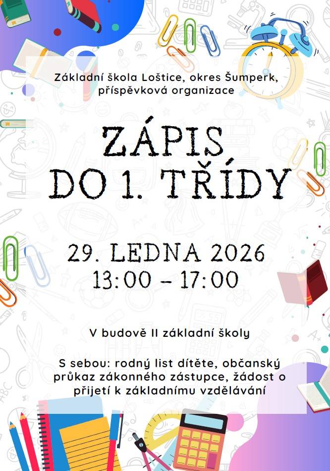 Základní škola Loštice v okrese Šumperk zve rodiče na zápis do 1. třídy, který se uskuteční 29. ledna 2026. Zápis proběhne od 13:00 do 17:00 v budově II základní školy.