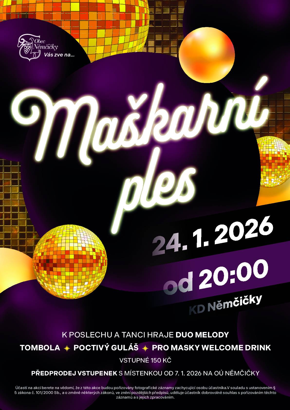 Obec Němčičky Vás srdečně zve 24.1.2026 na maškarní ples.