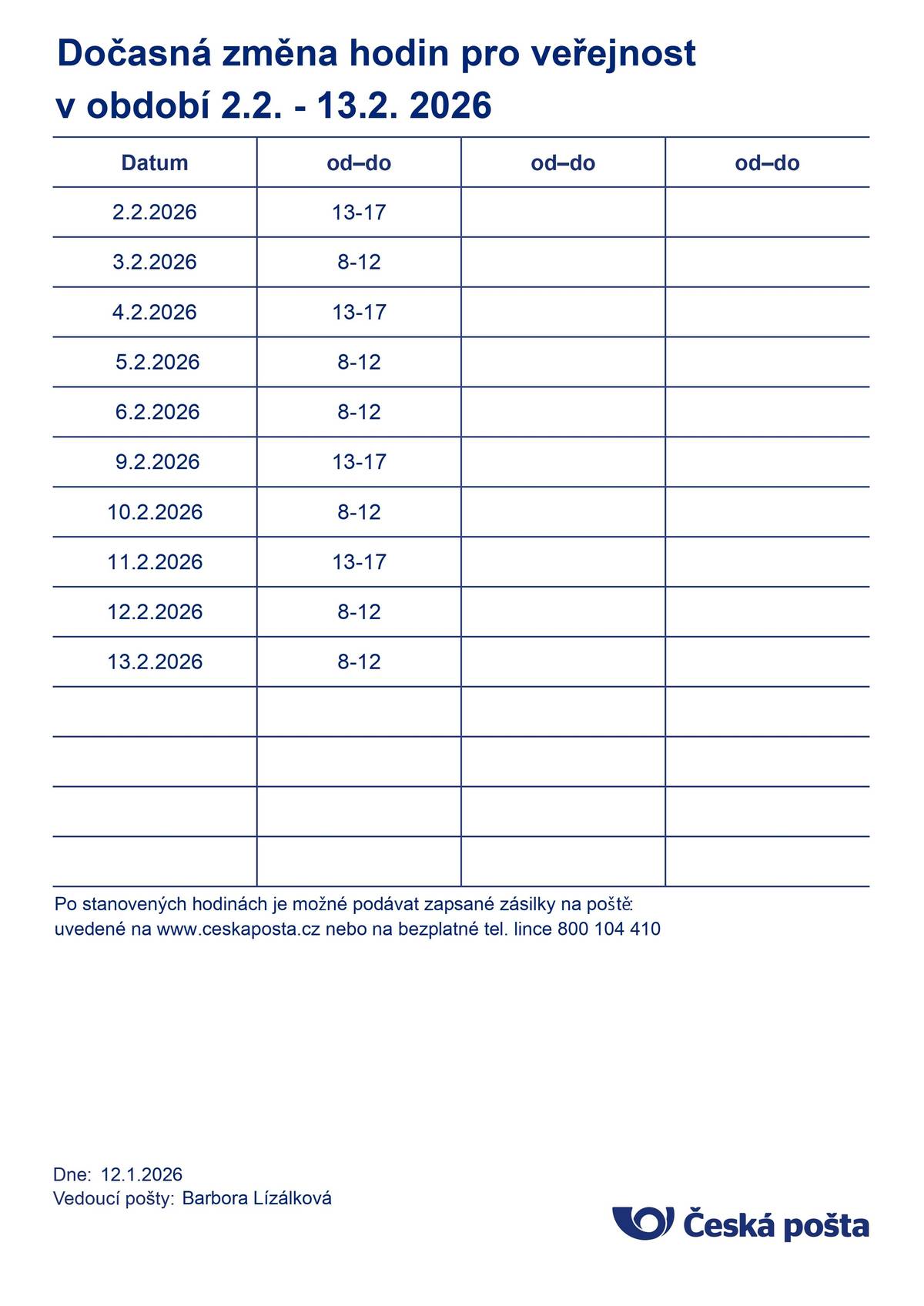 Informujeme občany o dočasné změně provozní doby Pošty Partner v období od 2. 2. 2026 do 13. 2. 2026.  Děkujeme za pochopení.