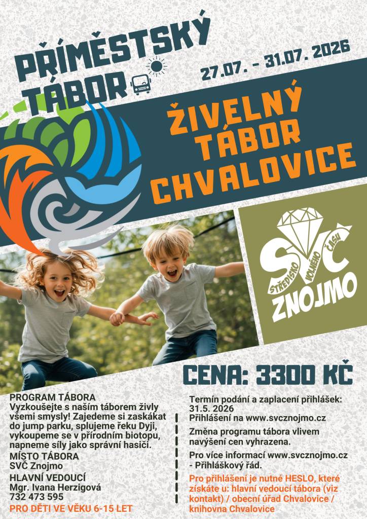 Přijďte si vyzkoušet náš tábor živly a prožijte aktivní léto plné dobrodružství a zábavy! Na programu máme skákání v jump parku, splouvání řeky Dyje a koupání v přírodním biotopu. Všechny aktivity povedou zkušení vedoucí, v čele s Mgr. Ivanou Herzigovou, která je k dispozici pro všechny dotazy. Cena