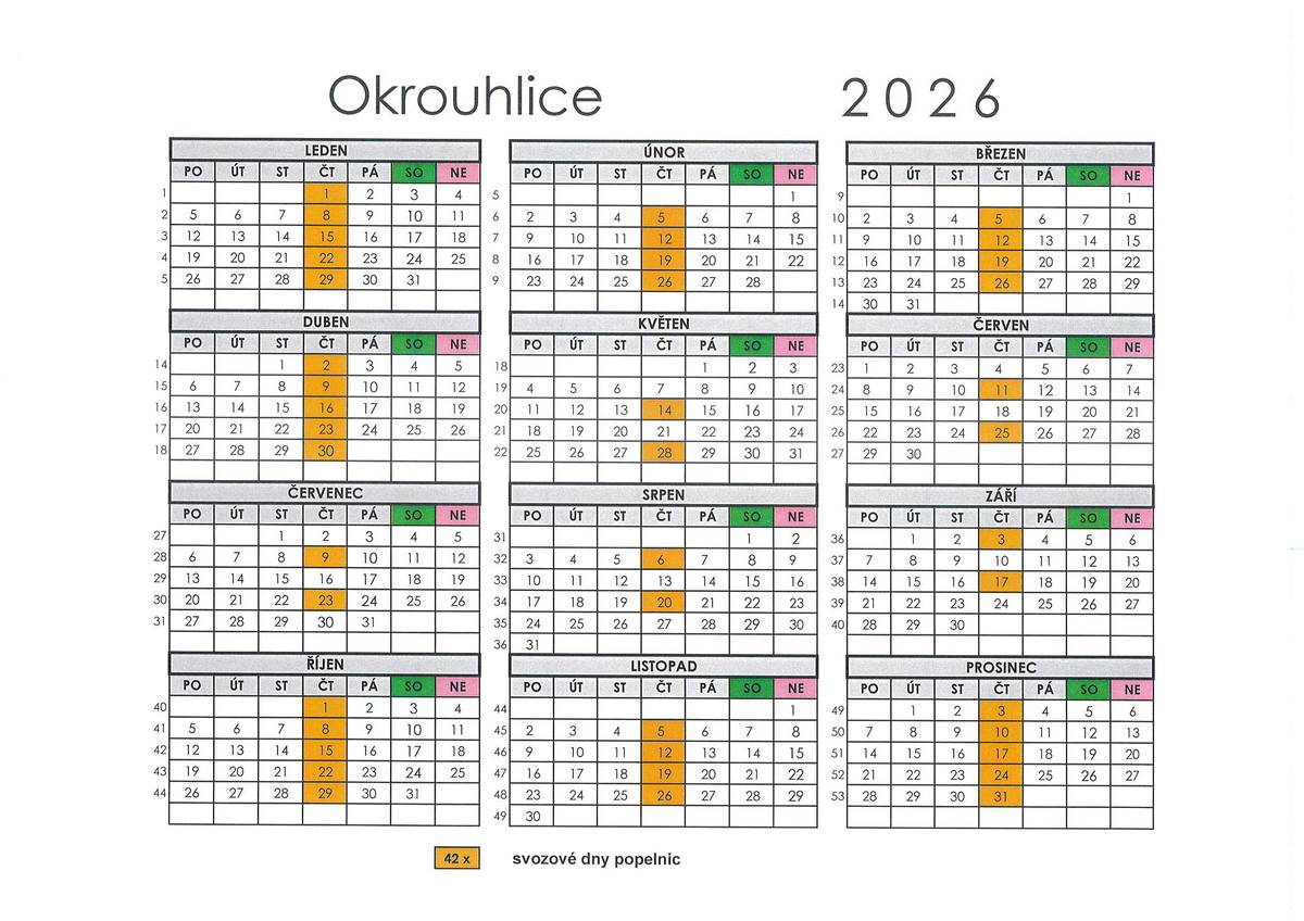 Nový kalendář vývozu popelnic na rok 2026 byl změněn svozovou firmou.  V příloze je nový platný kalendář vývozů na rok 2026. Děkujeme za pochopení. OÚ Okrouhlice