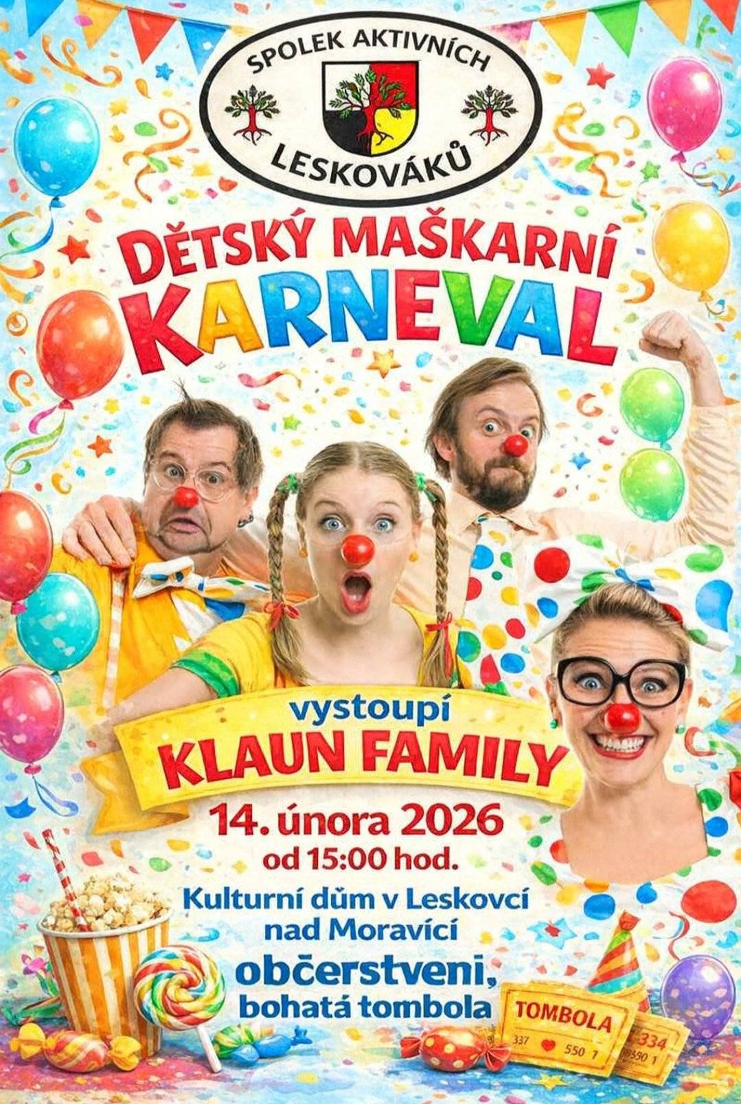 Zveme Vás na kulturní akci, která se uskuteční v sobotu 14. února v Kulturním domě v Leskovci nad Moravicí. Na návštěvníky čeká občerstvení a tombola. Všichni jsou srdečně zváni. https://www.leskovecnadmoravici.eu/akce-a-volny-cas/kalendar-akci/maskarni-karneval-pro-deti-769_406cs.html