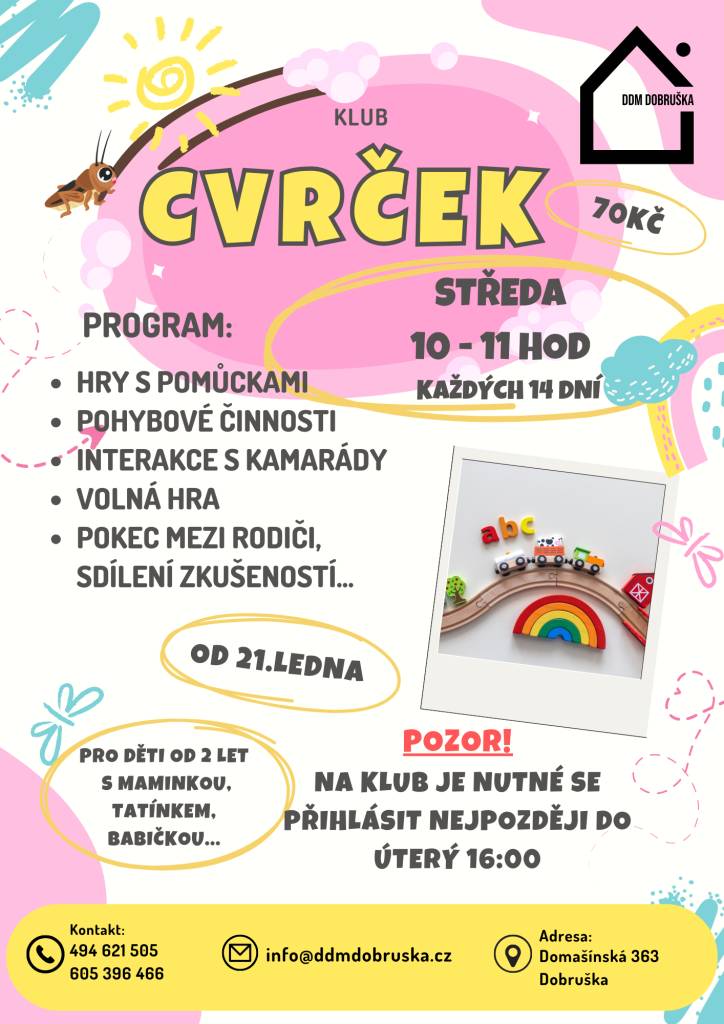 Od 21. ledna - středa - každých 14 dní.  HRY S POMŮCKAMI  POHYBOVÉ ČINNOSTI  INTERAKCE S KAMARÁDY  VOLNÁ HRA  POKEC MEZI RODIČI, SDÍLENÍ ZKUŠENOSTÍ ...   Pro děti od 2 let s maminkou, tatínkem, babičkou ....