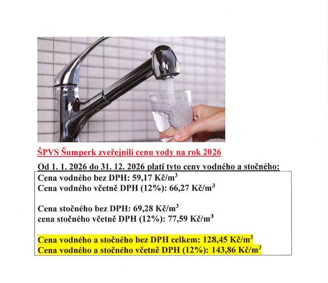 > ŠPVS Šumperk zveřejnili cenu vody na rok 2026  > výpočet ceny pro vodné a ceny pro stočné dle Př. č. 19 k vyhl. č. 428/2001 Sb., pro kalendářní rok 2026.