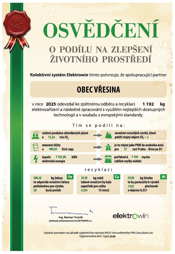 Díky obyvatelům se naše Obec Vřesina může za rok 2025 pochlubit výsledky sběru vysloužilého elektrozařízení předaného ke zpětnému odběru společnosti Elektrowin o celkové hmotnosti 1,19 t.
