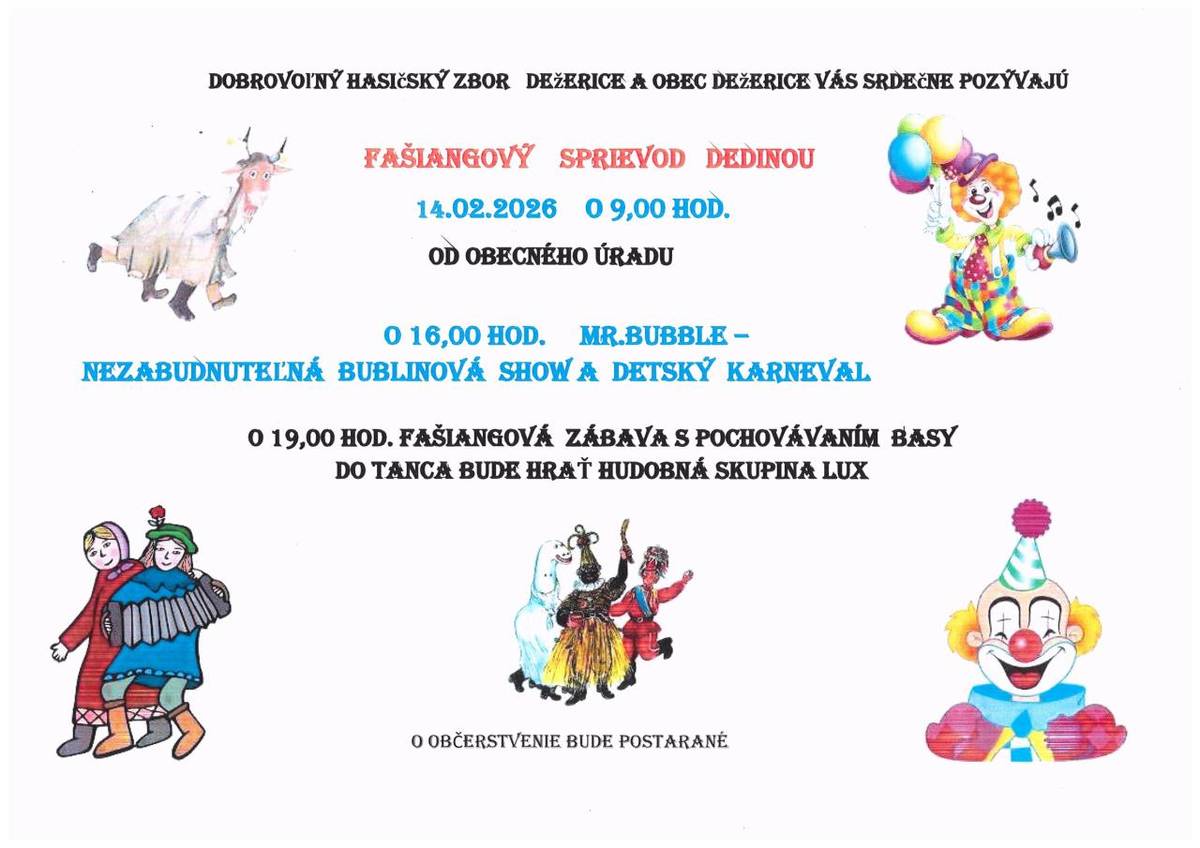 Fašiangový sprievod dedinou 14.2.2026 o 9.00 hod
