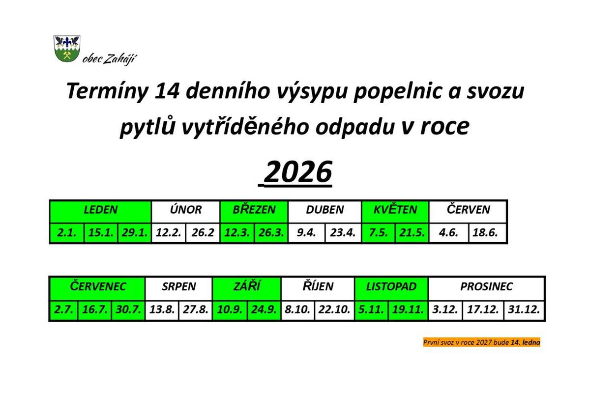 V roce 2026 bude opět probíhat svoz komunálního odpadu a pytlový sběr jednou za 14 dní, a to vždy LICHÝ TÝDEN ve čtvrtek.