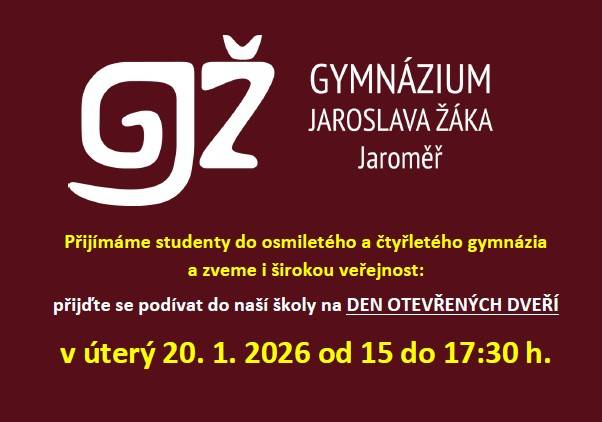 Zveme širokou veřejnost na Den otevřených dveří Gymnázia Jaroslava Žáka, který se koná v úterý 20. ledna 2026 od 15:00 do 17:30 hodin. Přijďte se podívat na naši školu a zjistit více o studijních programech pro osmileté a čtyřleté gymnázium.
