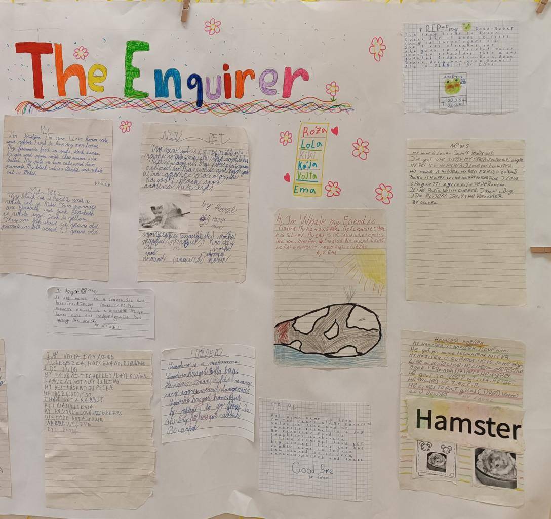 I letos jsme se pustili v angličtině do psaní třídních novin. Máme dvě "konkurenční" redakce The Star a The Enquirer. Při psaní článků využíváme v praxi slovíček a gramatiky, které jsme se naučili.  Čtvrťáci a páťandy