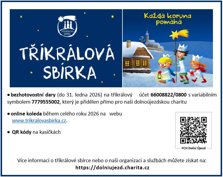 VÝSLEDKY TŘÍKRÁLOVÉ SBÍRKY 2026 PODLE OBCÍ CELKEM VYKOLEDOVÁNO 453.570,-     Budislav    36.639,- Kč     Desná    44.138,- Kč     Dolní Újezd (Jiříkov, Václavky)   165.935,- Kč     Horní Újezd     58.080,- Kč     Osík    77.003,- Kč     Poříčí (Mladočov, Zrnětín)     46.988,- Kč     Vidlatá Seč     24.787,- Kč       ♥ Děkujeme všem, kdo se do sbírky zapojují – pomáháte nám pomáhat. ♥