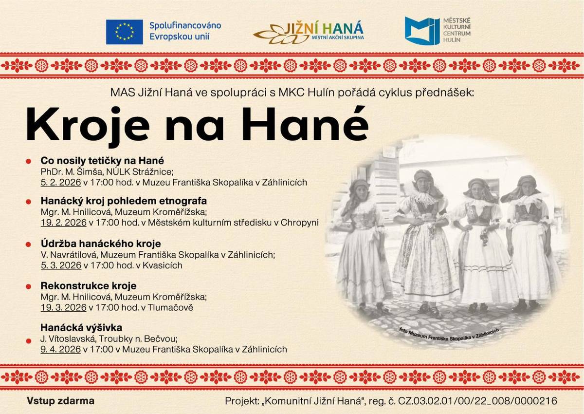 Přijďte na cyklus přednášek Kroje na Hané, který pořádá MAS Jižní Haná ve spolupráci s MKC Hulín. Cyklus se skládá z pěti různých okruhů, které se zaměřují na tradiční kroje a kulturu v našem regionu. Vstupné je zdarma, takže neváhejte a přijďte získat nové informace a inspiraci.
