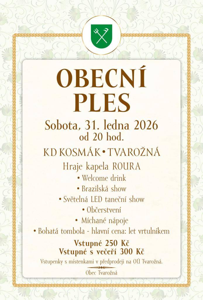 Zveme Vás na Obecní ples, v sobotu 31. ledna od 20.00 hodin v Kulturním domě Kosmák. K tanci a poslechu hraje kapela Roura. Vstupenky s místenkami v předprodeji na Obecním úřadě od pondělí 19. ledna. Vstupné 250 Kč, vstupné s večeří 300 Kč.
