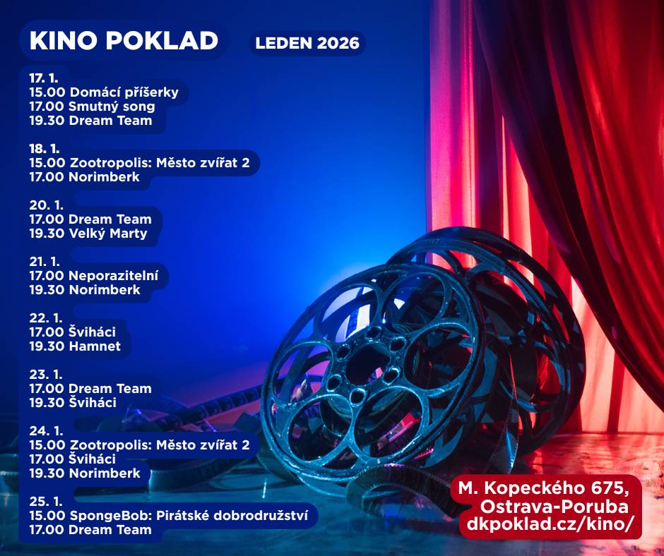 📍Kam vyrazit v následujících dnech v Porubě? Například do divadla, na koncert nebo na florbal... ✅ DK Poklad 🎷 Swingový koncert Jan Smigmator & Scott Hamilton – 18. 1. 2026 od 17.00 🎭 1000 tváří Adiny (představení Městského divadla Mladá Boleslav) – 21. 1. 2026 od 19.00 💬 Cestuji za Kačku (beseda) – 22. 1. 2026 od 18.00 🎭 Maškarní karneval pro děti – 25. 1. 2026 od 16.00 ℹ️ dkpoklad.cz ✅ Rodinné centrum Martínek ☕ Na kafe: O šicích strojích s odborníkem (beseda) – 19. 1. 2026 od 17.00 ℹ️ www.rcmartinek.cz ✅ Vysoká škola báňská – Technická univerzita Ostrava 🎓 Dny otevřených dveří – 23. a 24. 1. 2026 od 8.00 ℹ️ www.vsb.cz ✅ Zimní stadion, Čkalovova 6144/20 🏒 HC RT Torax Poruba × VHK ROBE Vsetín – 17. 1. 2026 od 16.00 🏒 Týden hokeje (nábor pro děti od 4 do 8 let) – 20. 1. 2026 od 17.00 ℹ️ hcporuba.cz 🏑 1. SC NATIOS Vítkovice × Thorengruppen IBK (Women’s Floorball Champions Cup) – 24. 1. 2026 od 19.00 ℹ️ www.florbalvitkovice.cz 🎟️ vstupenky zde  👉 Přehled dalších akcí v Porubě zde