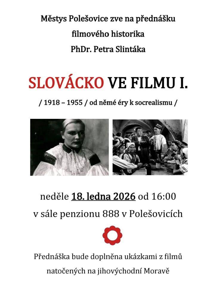 pozvánka na přednášku filmového historika PhDr. Petra Slintáka v sálu Penzionu 888 v neděli 18. 1. 2026 od 16 hod