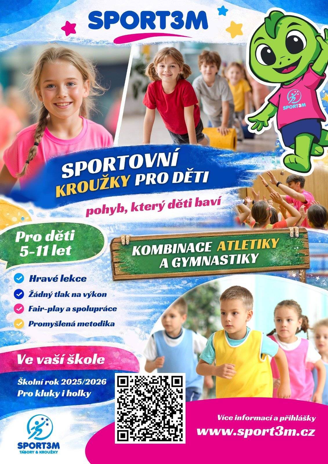 Nový sportovní kroužek pro děti v Rašovicích (zdarma) Do Rašovic přichází sportovní kroužek Sport3m, který je určen dětem ve věku 5–11 let 👧🧒 Kroužek je hravou kombinací atletiky a gymnastiky 🤸♂️🏃♀️ Jeho cílem je dát dětem pevné základy pro zdravý životní styl i budoucí sportovní cestu, ať už si jednou vyberou jakýkoliv sport. Chceme, aby si děti z lekcí neodnášely jen lepší rovnováhu, rychlost a sílu, ale také:  větší víru v sebe 💙 odvahu zkoušet nové věci ✨ a radost z toho, že pohyb může být nejlepším kamarádem na celý život 😊  👉 Více informací a přihlášky najdete na přiloženém plakátu nebo na 🌐 www.sport3m.cz