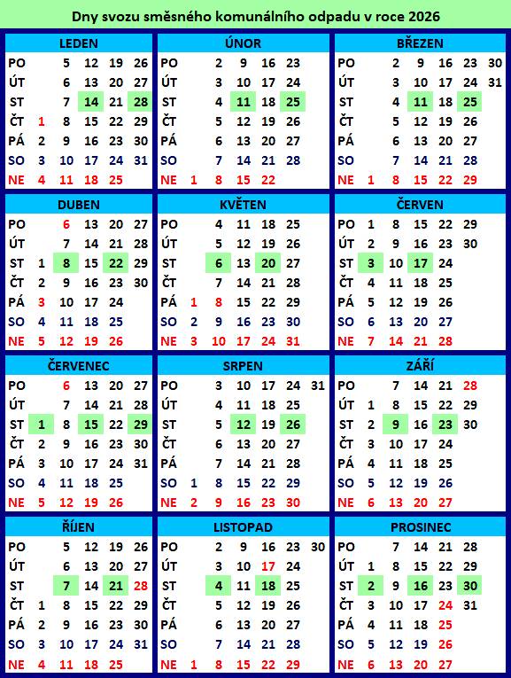Kalendářní přehled svozů komunálního odpadu v průběhu roku 2026
