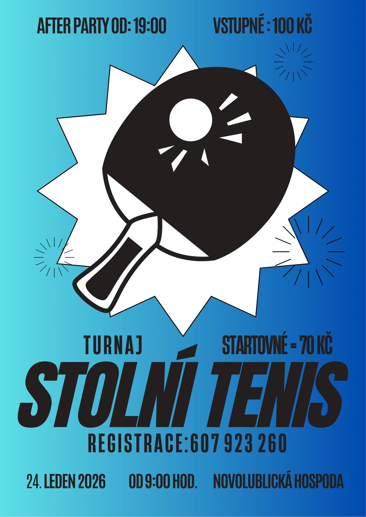 Dne 24.1.2026 bude v Novolublické hospodě probíhat turnaj ve stolním tenise startovné 70,-Kč registrace na čísle 607 923 260,Večer od 19:00hod. after párty.